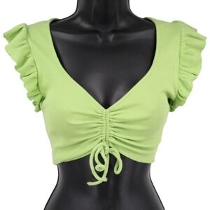 Zara Lime Green Ribbed Ruched Crop Top Ruffle Sleeve V Neck Stretch Size S